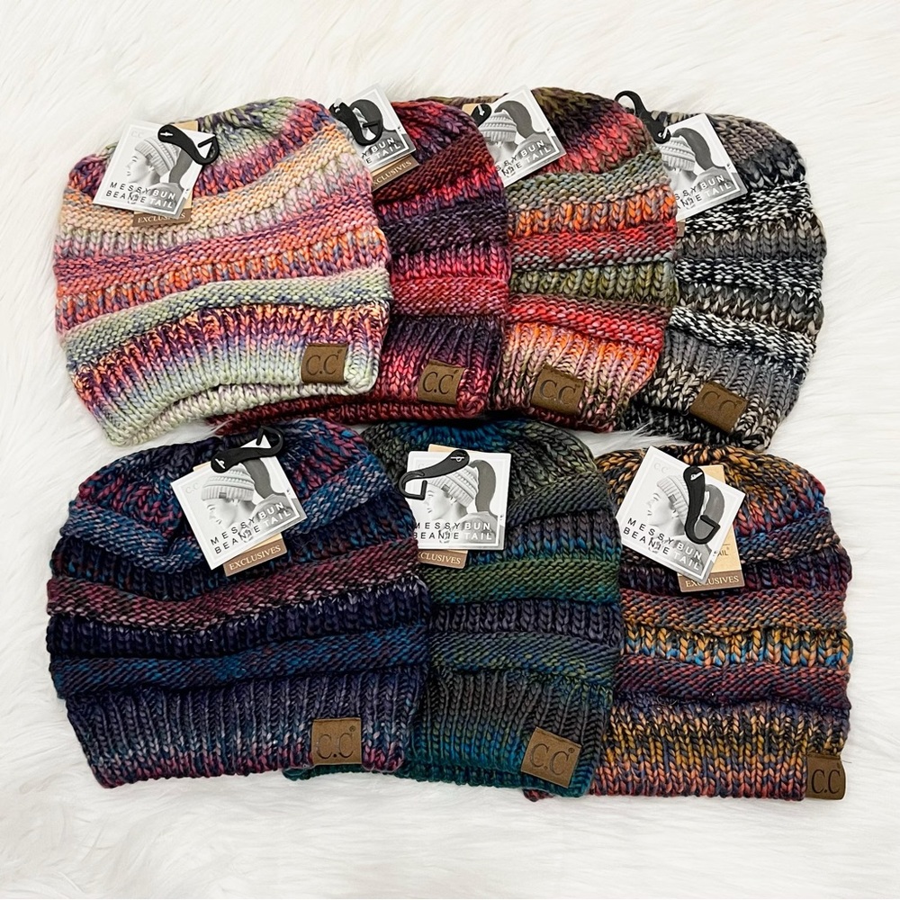 C.C Messy Bun Colorful Mix Beanies for Adults, Winter Hats, Winter Beanies